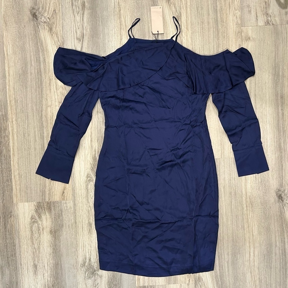 NWT SuperTrash ST Studio Navy Ruffle Off Shoulder Long Sleeve Mini Dress Size S